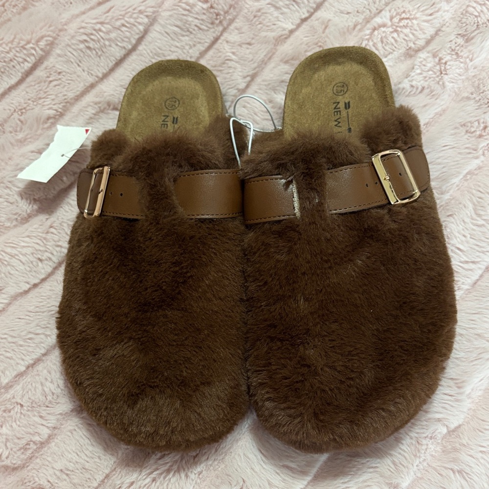 New Look Brown Faux Fur Buckle Clog Mules
